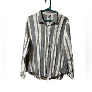 Orvis Linen Blend Shirt XL Button Up Women's Long Sleeve White Gray Striped